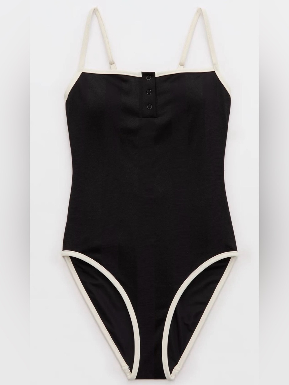 Aerie Swimsuit Full Coverage Black Shine Henley One Piece Women’s Size L Buttons